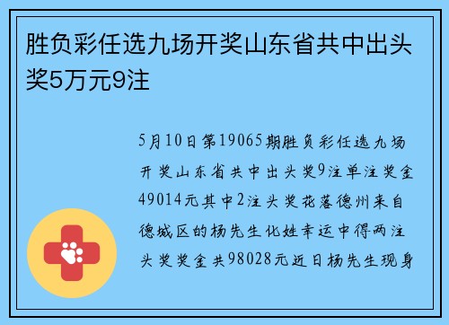 胜负彩任选九场开奖山东省共中出头奖5万元9注