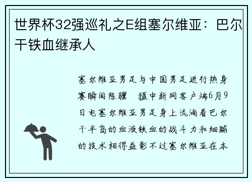 世界杯32强巡礼之E组塞尔维亚：巴尔干铁血继承人